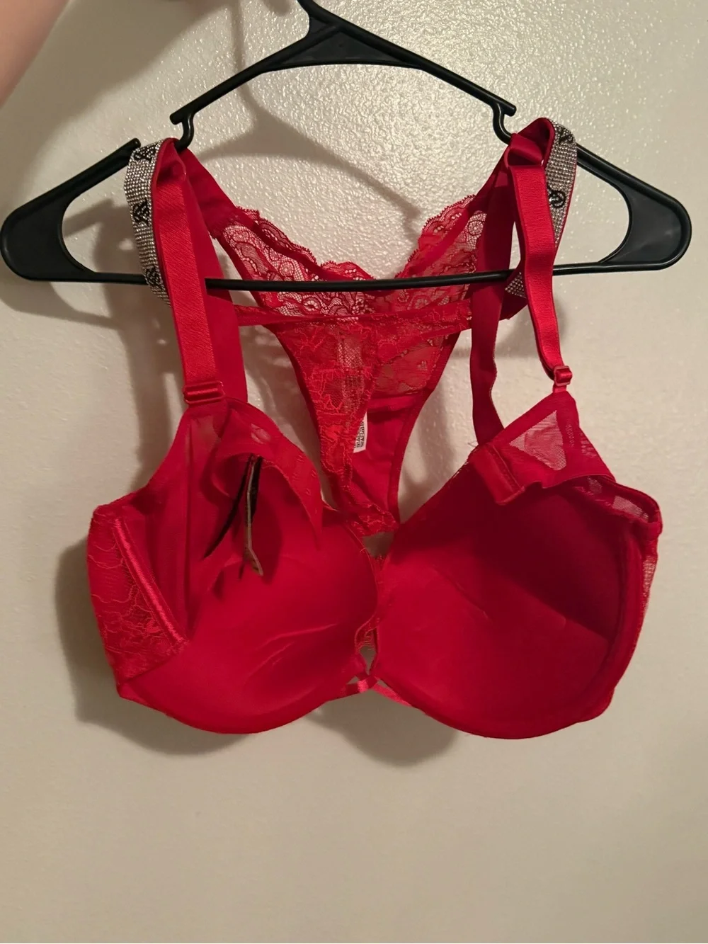 Victorias Secret Red Lace Push-Up Bra and Thing Set with Rhinestone Straps